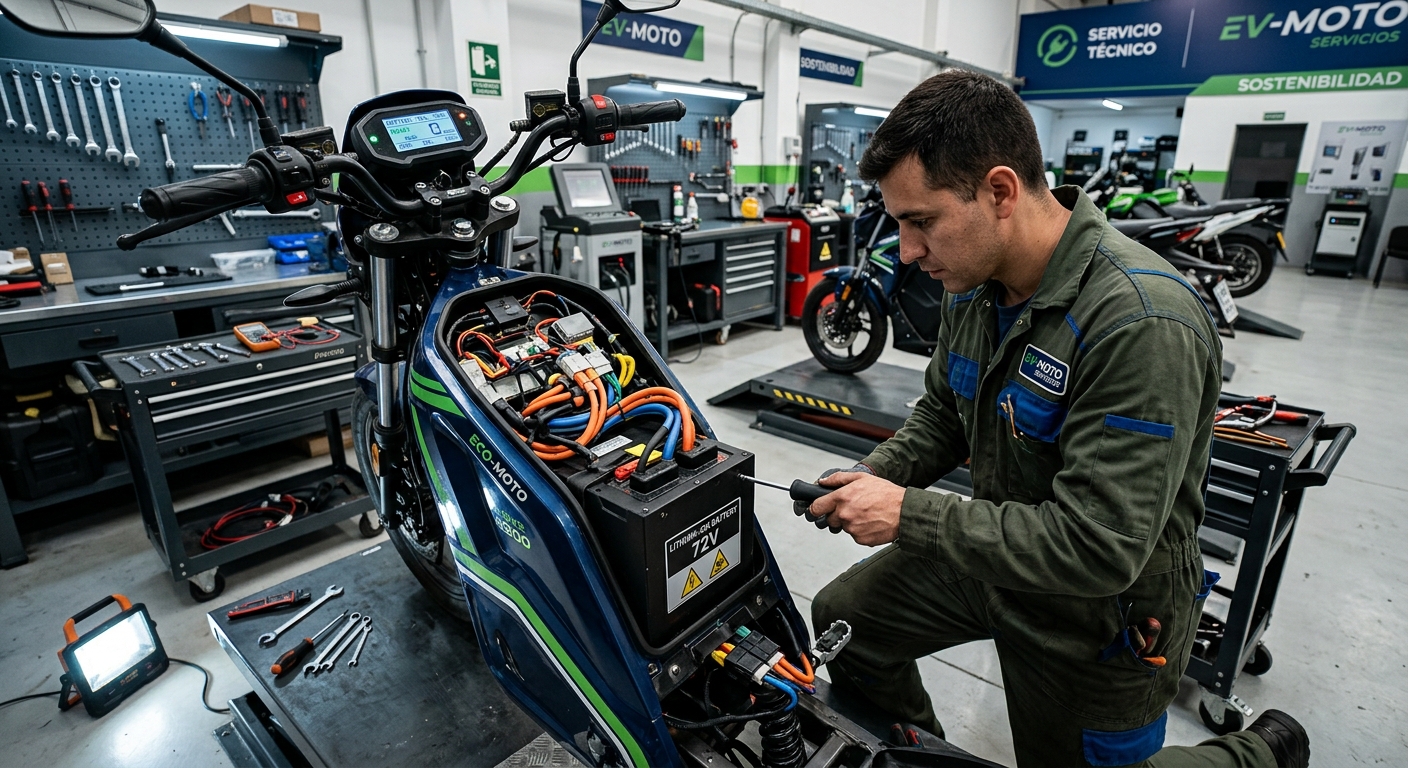 Técnico revisando el panel de baterías de una moto eléctrica